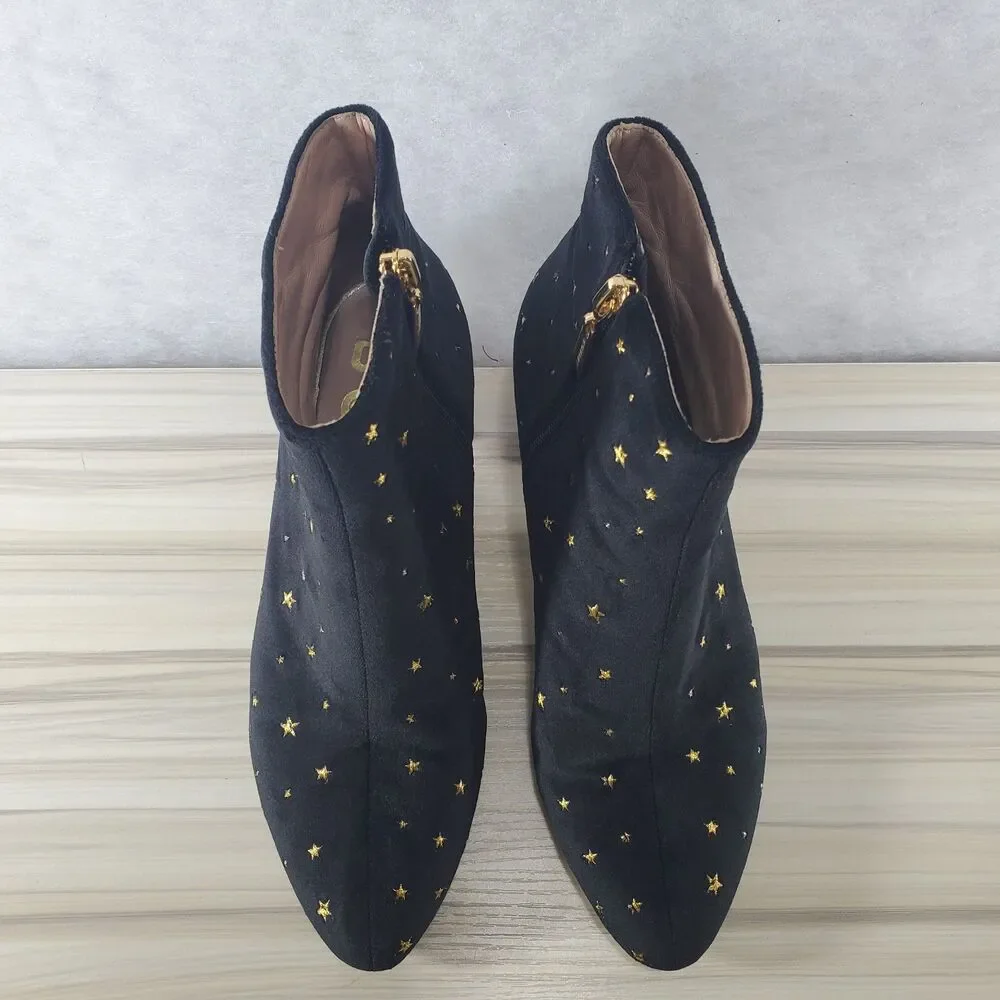 sz 7 Butrich Black Velvet Gold Stars Embroidered Booties Ankle Boots Metallic